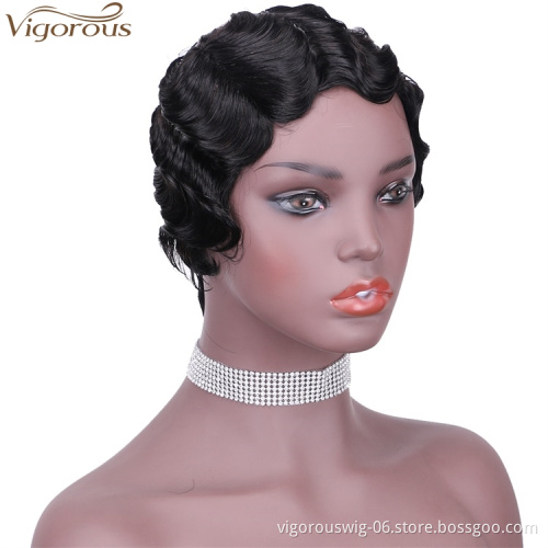 Vigorous Pixie Cut Black Short Curly Wigs for African American Women Real 100% Human Hair Finger Wave Wig
